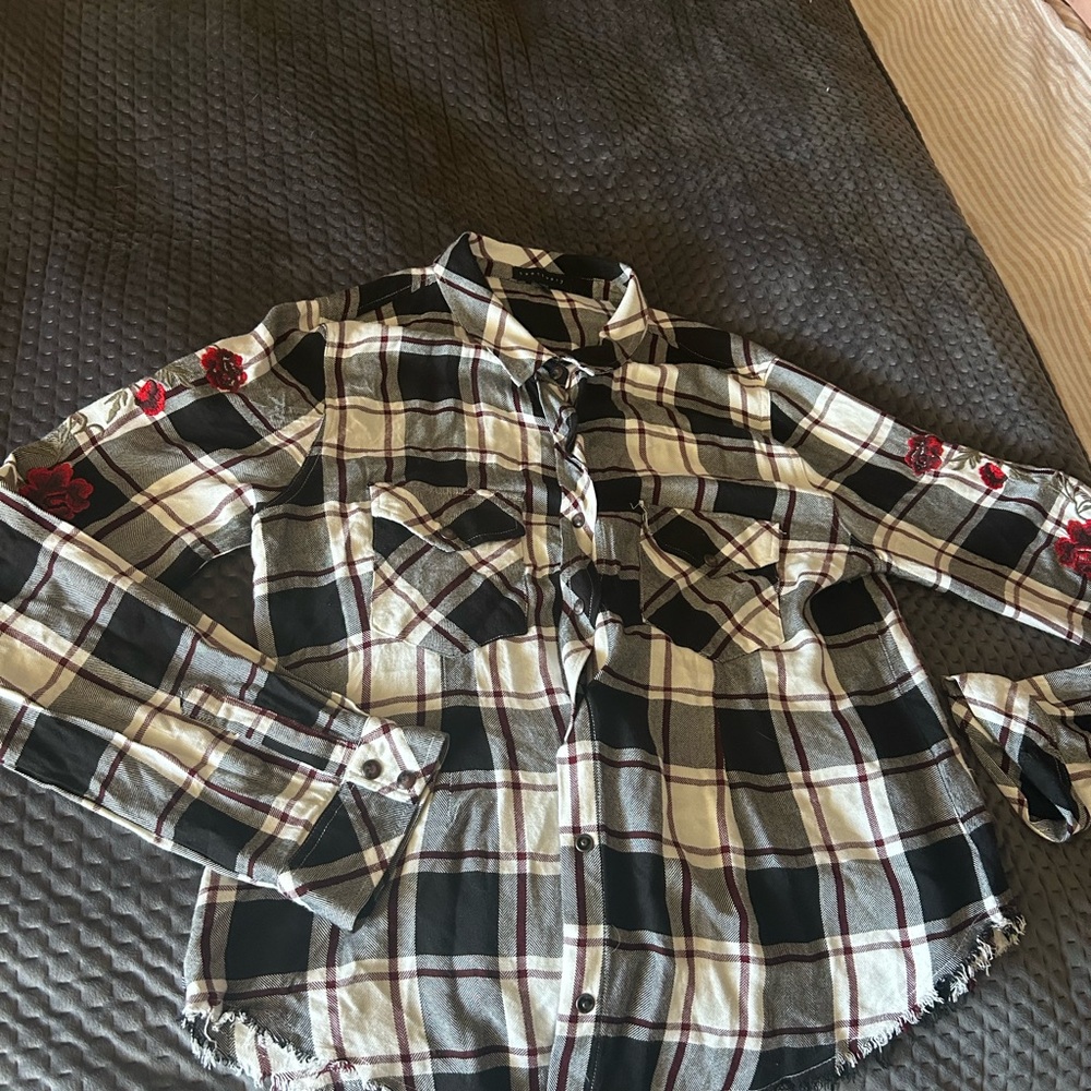 Sanctuary Black and White Plaid Kids Shirt with Red Floral Accents
